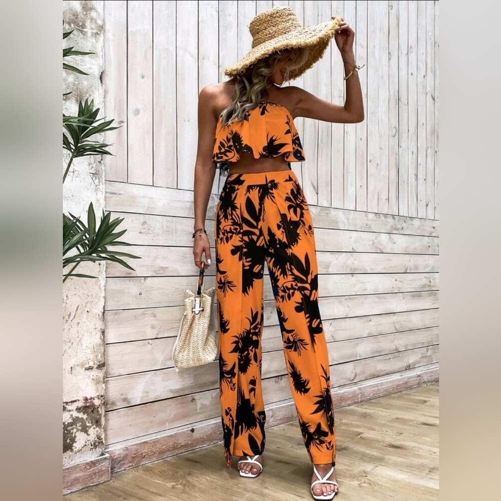Floral Print Crop Tube Top & Wrap Hem Pants